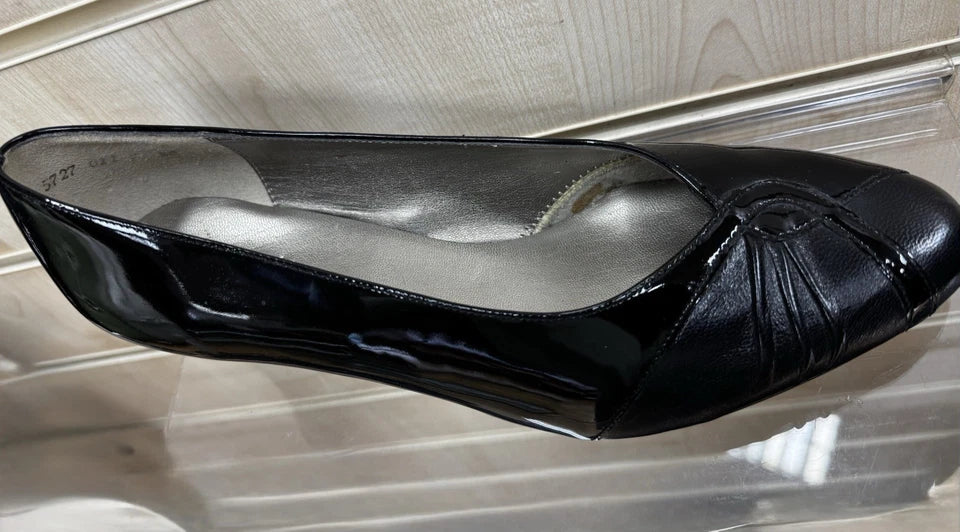 Equity Monique Ladies WIDE E FIT Classc Black Patent Leather Mid Heel Court Shoes Vintage Style
