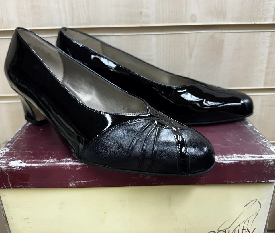 Equity Monique Ladies WIDE E FIT Classc Black Patent Leather Mid Heel Court Shoes Vintage Style