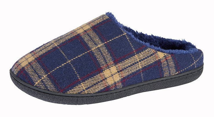 Zedzzz Fabian MS390 Mens Warm Faux Fur Lined Mule Slippers Cushioned Navy Check