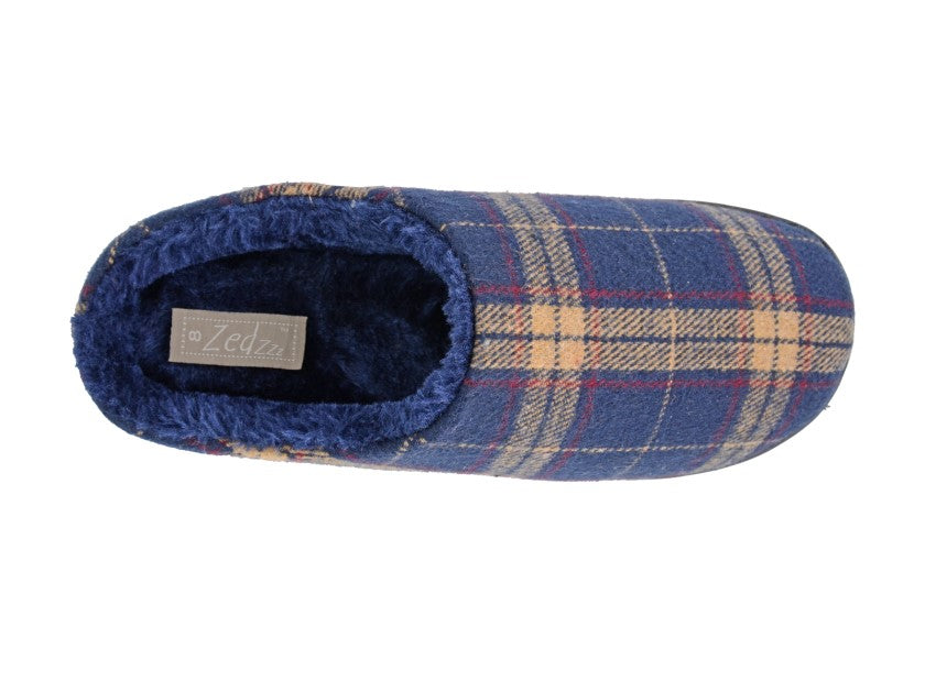 Zedzzz Fabian MS390 Mens Warm Faux Fur Lined Mule Slippers Cushioned Navy Check