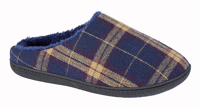 Zedzzz Fabian MS390 Mens Warm Faux Fur Lined Mule Slippers Cushioned Navy Check