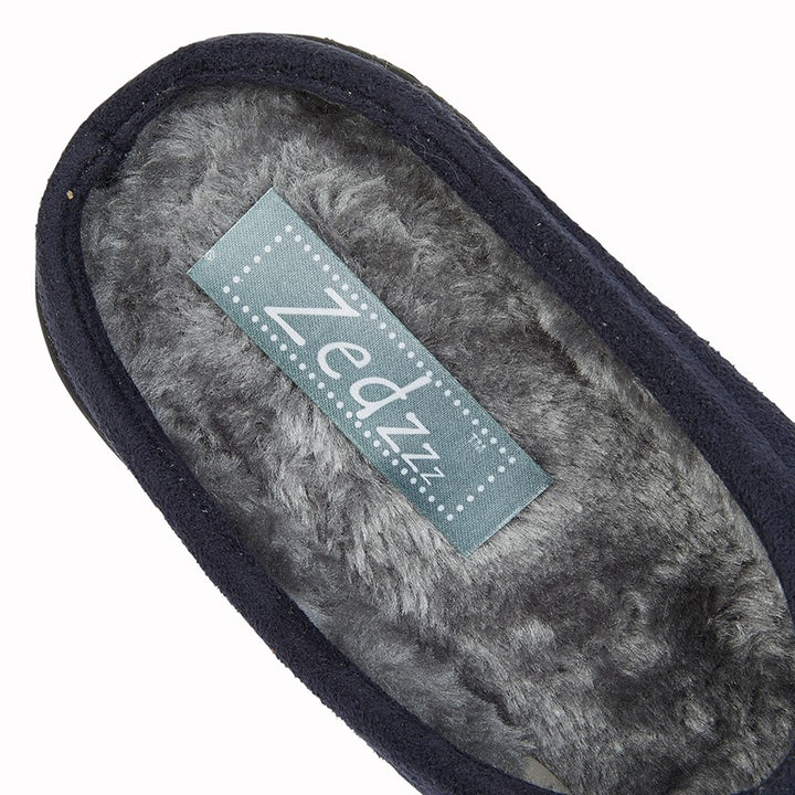 Zedzzz MS396 Mens Navy Cushioned Mule Slippers With Faux Fur Lining Centre Seam