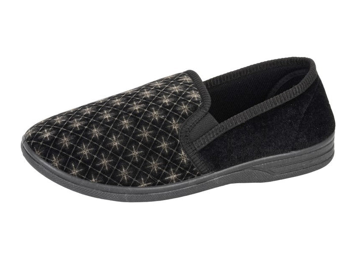 Austin/Kevin Mens Black Soft Velour Twin Gusset Full  Slippers With Rubber Sole