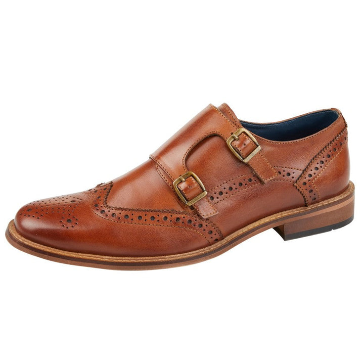 Roamers M411 Mens Tan Leather Double Buckle Strap Brogue Pattern Monk Shoes