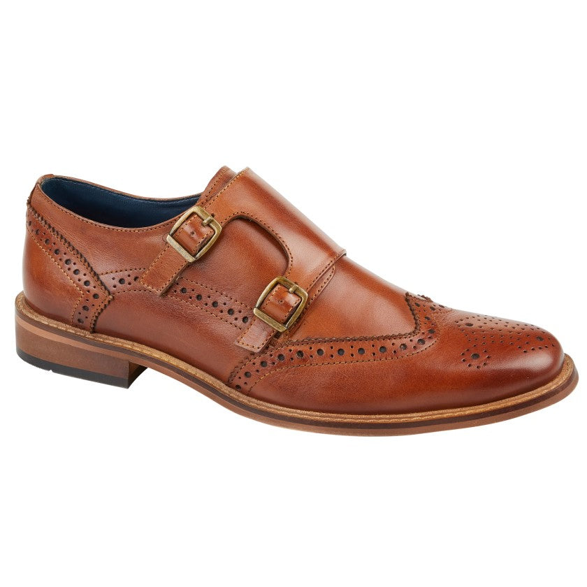 Roamers M411 Mens Tan Leather Double Buckle Strap Brogue Pattern Monk Shoes