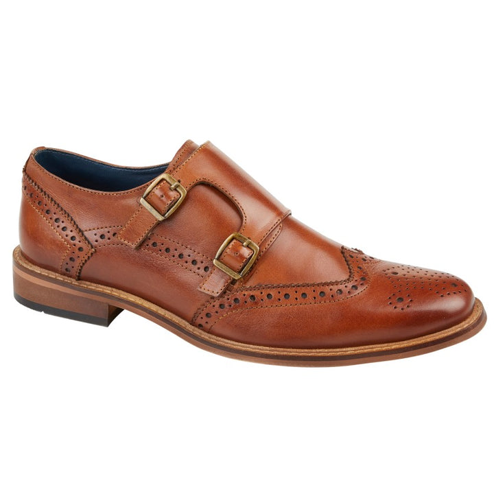 Roamers M411 Mens Tan Leather Double Buckle Strap Brogue Pattern Monk Shoes