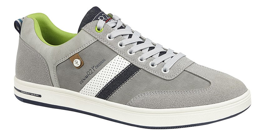 Route 21 M423F Mens Grey Navy & White Striped Trainers 7 Eyelet Lace Up Leisure Sports Sneakers