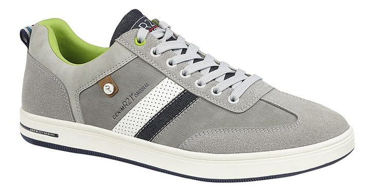 Route 21 M423F Mens Grey Navy & White Striped Trainers 7 Eyelet Lace Up Leisure Sports Sneakers
