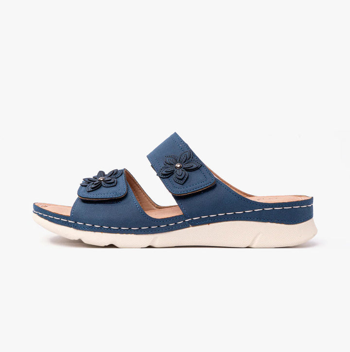Dr. Keller Molly Women's Double Touch Fasten Light Weight Mule Sandals with Flower Detailing Navy
