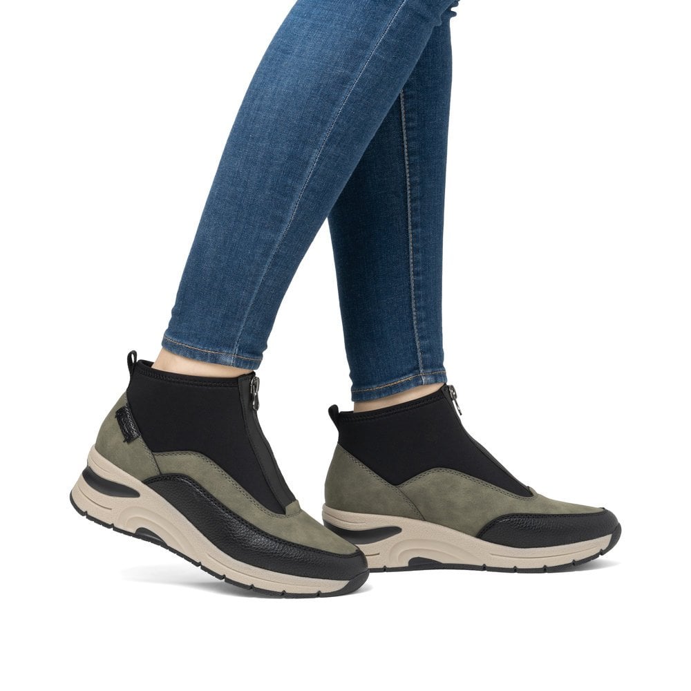 Rieker Antistress N9362 Ladies Sporty Wedge Ankle Boots With Centre Zip Khaki