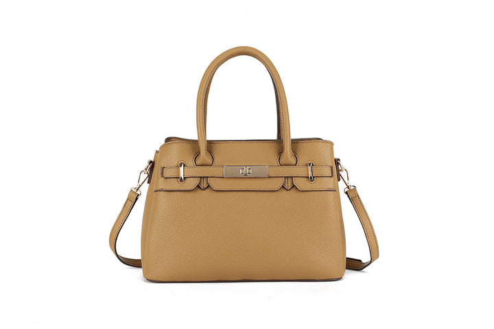 Long & Son Designer Inspired Multi Pocket Handbag With Gold Clasp Detail Beige