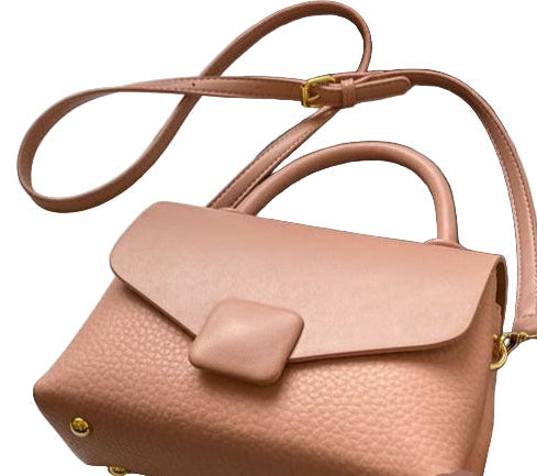 Ladies Designer Inspired Small Grab Handle Tote Handbag With Square Button Detail Detachable Strap Pink