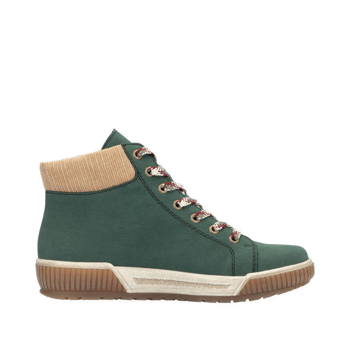 Rieker N0709 Ladies Bottle Green Zip & Lace Ankle Boots with Warm Lining