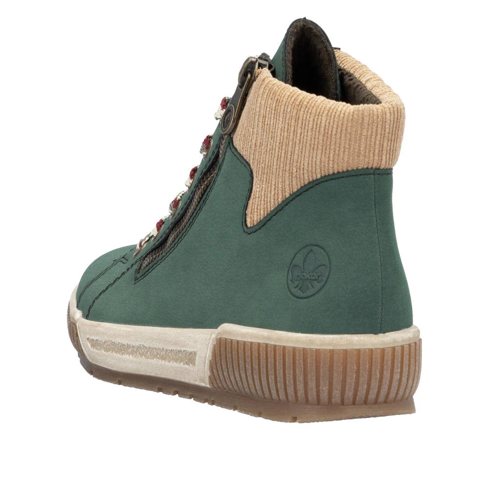 Rieker N0709 Ladies Bottle Green Zip & Lace Ankle Boots with Warm Lining