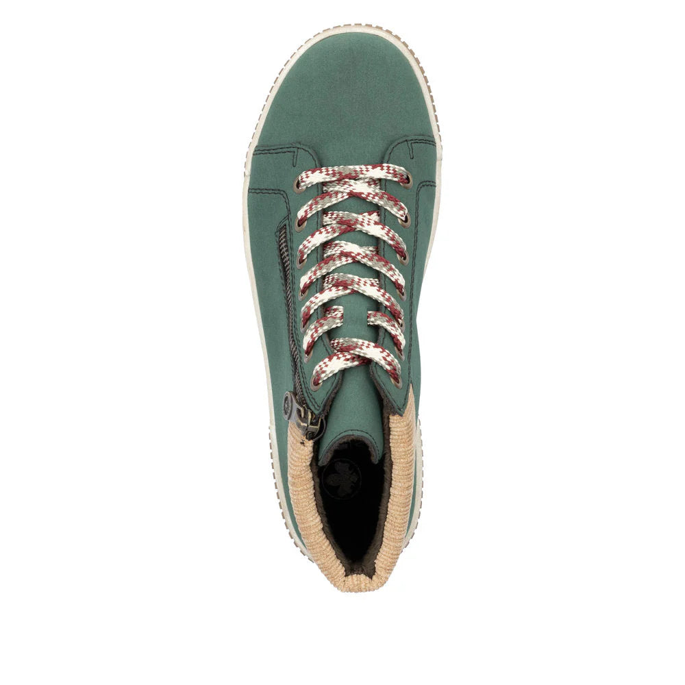Rieker N0709 Ladies Bottle Green Zip & Lace Ankle Boots with Warm Lining