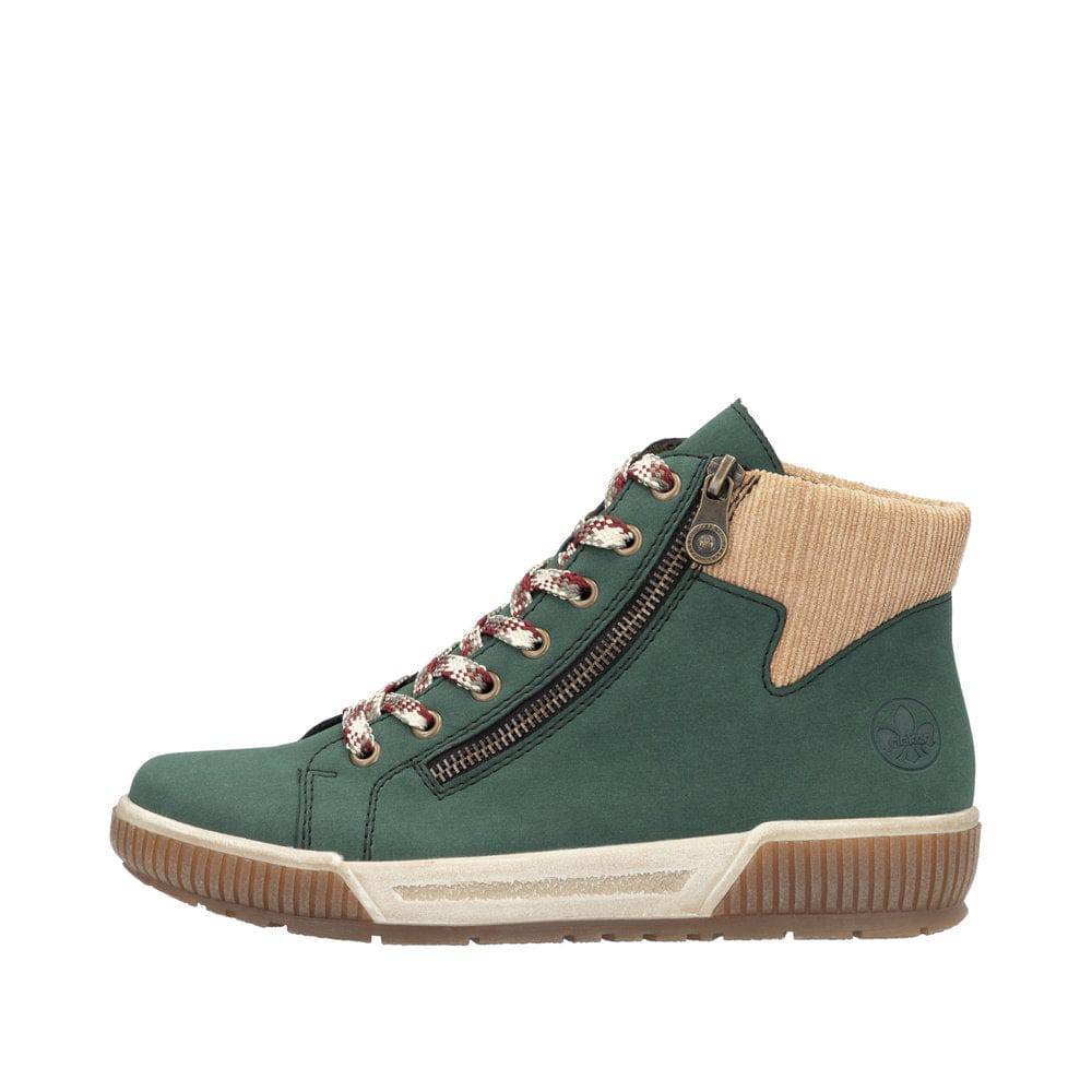 Rieker N0709 Ladies Bottle Green Zip & Lace Ankle Boots with Warm Lining