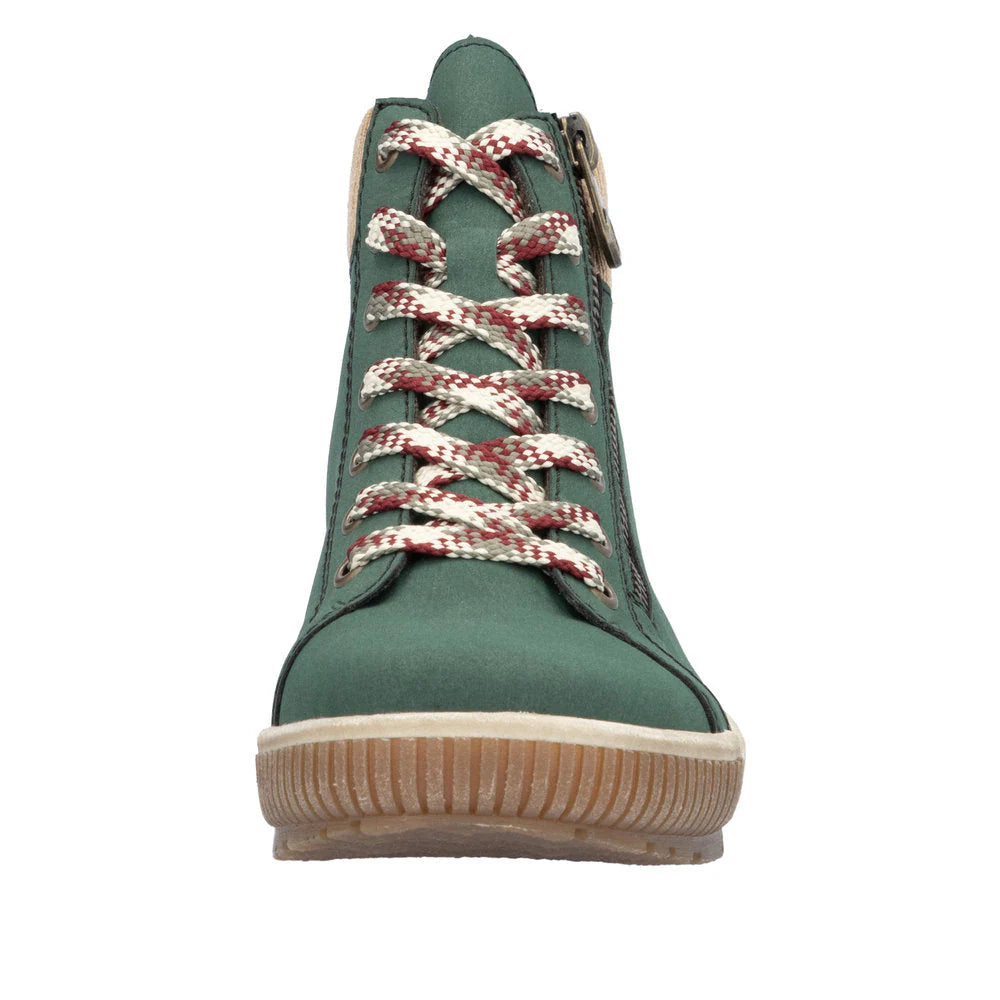 Rieker N0709 Ladies Bottle Green Zip & Lace Ankle Boots with Warm Lining