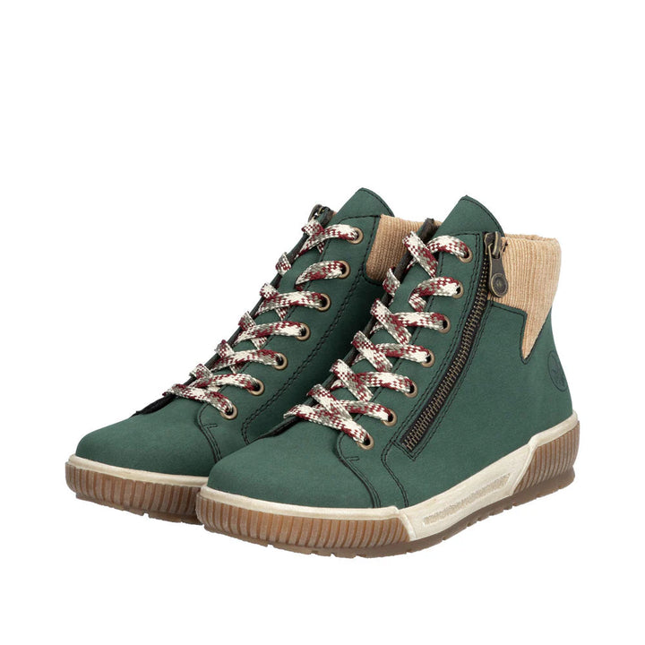 Rieker N0709 Ladies Bottle Green Zip & Lace Ankle Boots with Warm Lining