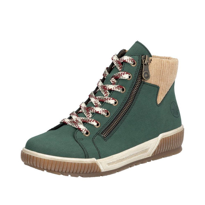 Rieker N0709 Ladies Bottle Green Zip & Lace Ankle Boots with Warm Lining
