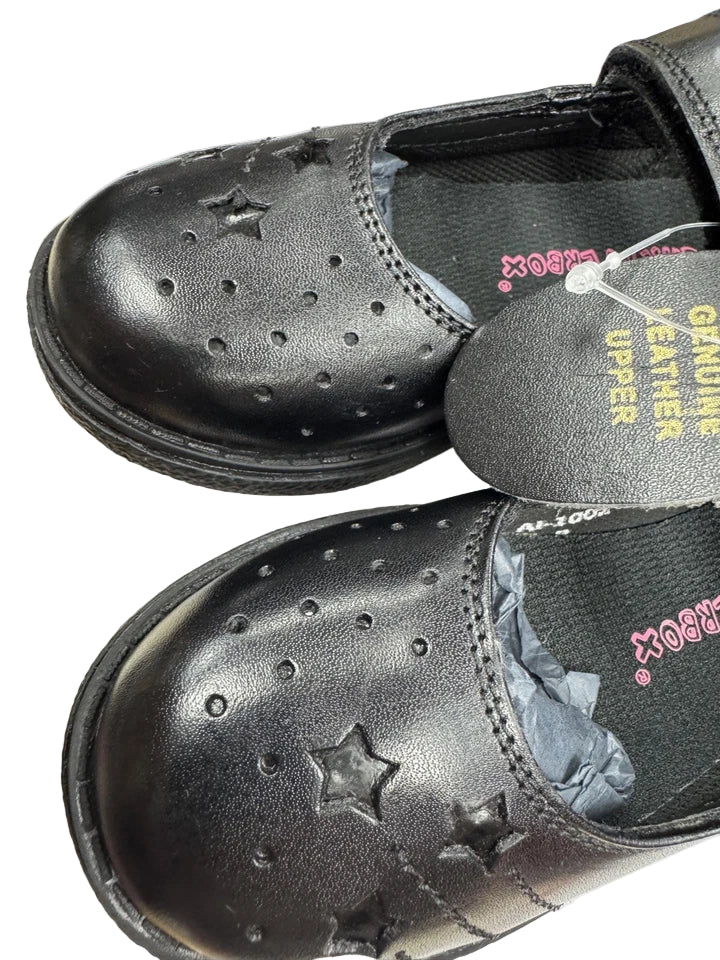 Chatterbox Star Gaze Girls Black Leather Touch Fasten Mary Jane Style School Shoes With Star Pattern