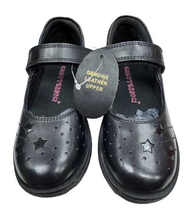 Chatterbox Star Gaze Girls Black Leather Touch Fasten Mary Jane Style School Shoes With Star Pattern