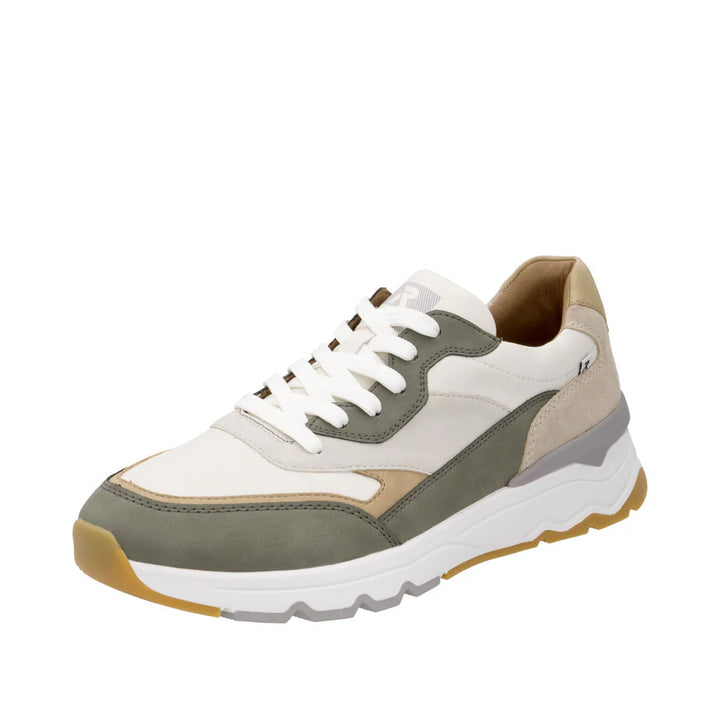 Rieker Soft Mens Leather Lace Up Trainers With Removable Insoles White/ Beige/ Green Combination