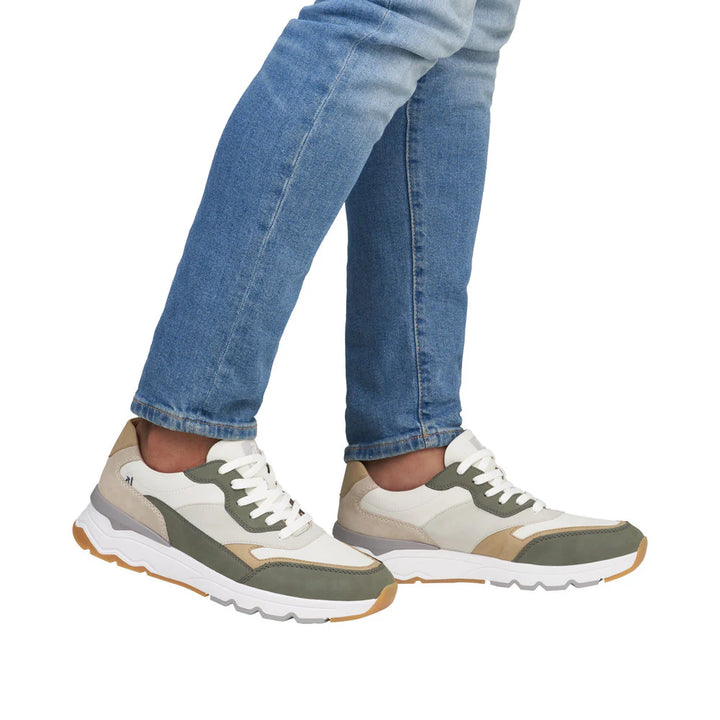 Rieker Soft Mens Leather Lace Up Trainers With Removable Insoles White/ Beige/ Green Combination