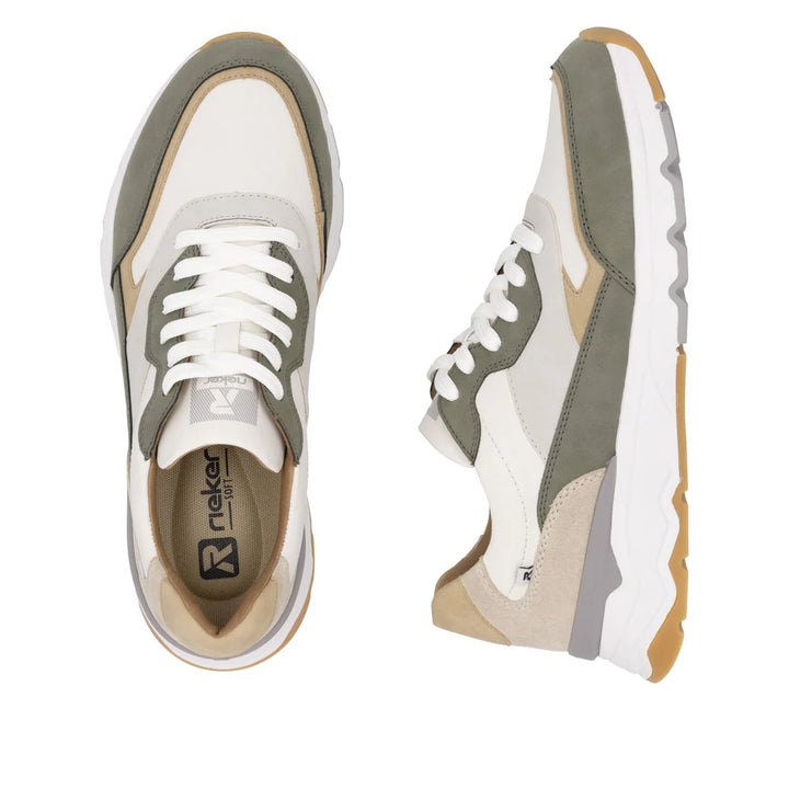 Rieker Soft Mens Leather Lace Up Trainers With Removable Insoles White/ Beige/ Green Combination