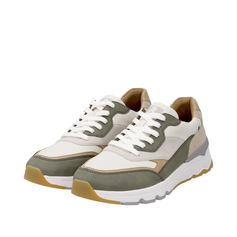 Rieker Soft Mens Leather Lace Up Trainers With Removable Insoles White/ Beige/ Green Combination