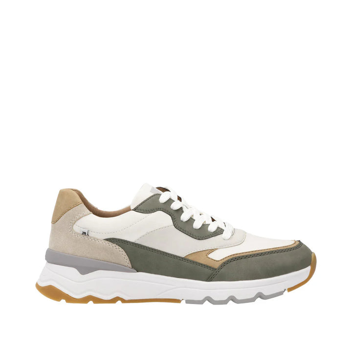 Rieker Soft Mens Leather Lace Up Trainers With Removable Insoles White/ Beige/ Green Combination