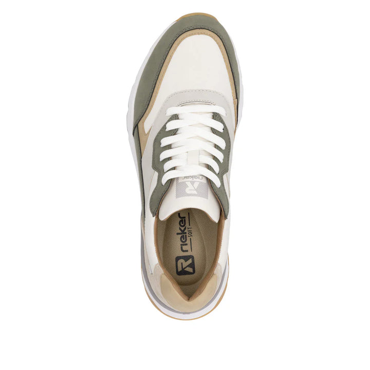 Rieker Soft Mens Leather Lace Up Trainers With Removable Insoles White/ Beige/ Green Combination