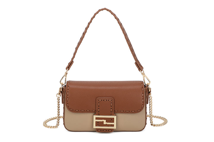 Long & Son Ladies Brown/Taupe Designer Inspired Baguette Style Handbag With Removable Handle/Chain