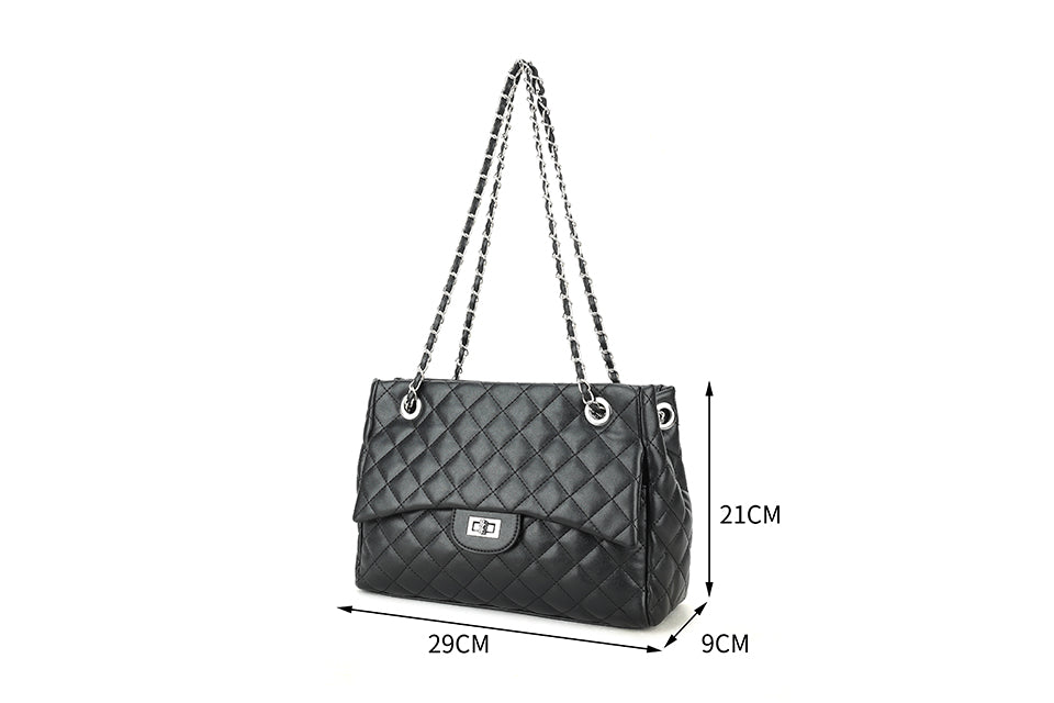 Long & Son Ladies Designer Inspired Quilted Handbag With Chain Strap BLACK