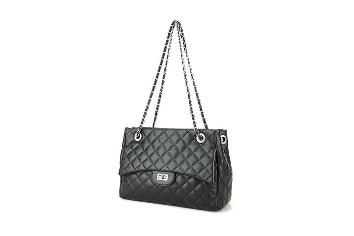Long & Son Ladies Designer Inspired Quilted Handbag With Chain Strap BLACK
