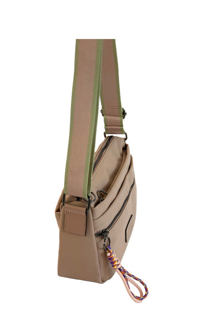 Long & Son Ladies Multi Pocket Light Weight Softee Fabric Shoulder/ Cross Body Handbag Beige