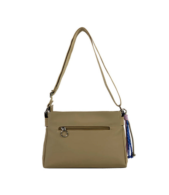 Long & Son Ladies Multi Pocket Light Weight Softee Fabric Shoulder/ Cross Body Handbag Beige