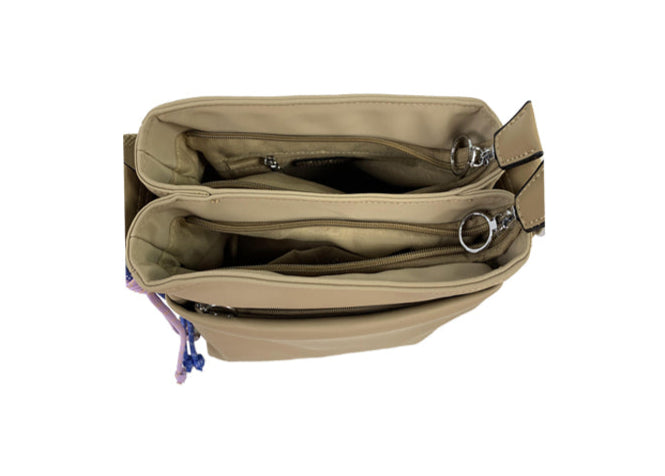 Long & Son Ladies Multi Pocket Light Weight Softee Fabric Shoulder/ Cross Body Handbag Beige