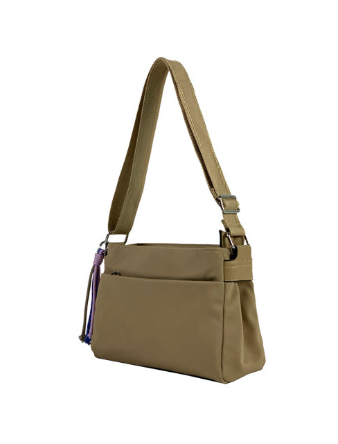 Long & Son Ladies Multi Pocket Light Weight Softee Fabric Shoulder/ Cross Body Handbag Beige