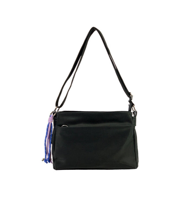 Long & Son Ladies Multi Pocket Light Weight Softee Fabric Shoulder/ Cross Body Handbag Black