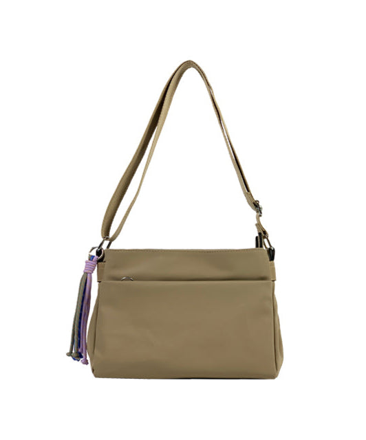 Long & Son Ladies Multi Pocket Light Weight Softee Fabric Shoulder/ Cross Body Handbag Beige