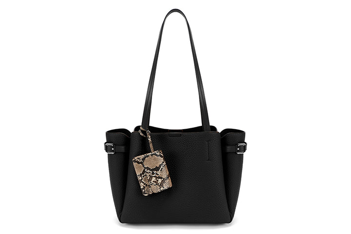 Long & Son Ladies Large Shoulder Bag With Detachable Snake Print Purse & Buckle Detail Black