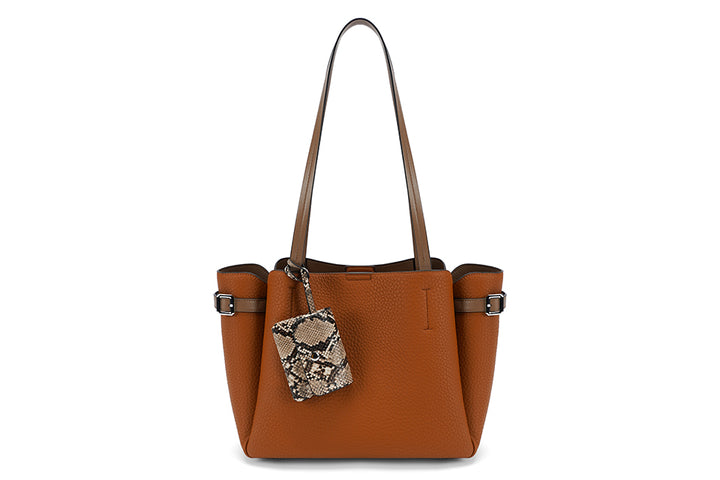 Long & Son Ladies Large Shoulder Bag With Detachable Snake Print Purse & Buckle Detail Tan Brown