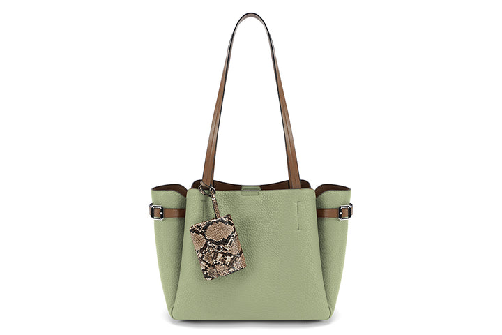 Long & Son Ladies Large Shoulder Bag With Detachable Snake Print Purse & Buckle Detail Light Green