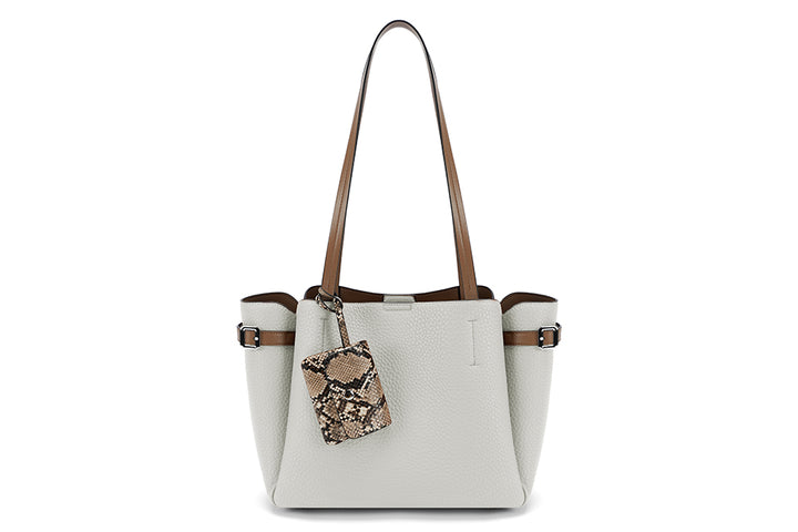 Long & Son Ladies Large Shoulder Bag With Detachable Snake Print Purse & Buckle Detail Grey