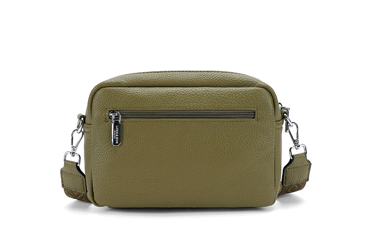 Long & Son Ladies Faux Leather Multi Pocket Handbag With Bead Trim Adjustable Fabric Strap Olive Green