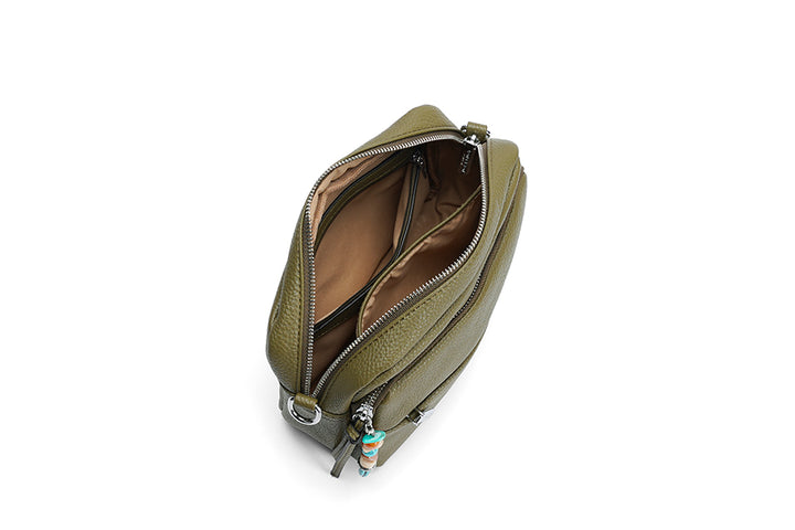 Long & Son Ladies Faux Leather Multi Pocket Handbag With Bead Trim Adjustable Fabric Strap Olive Green