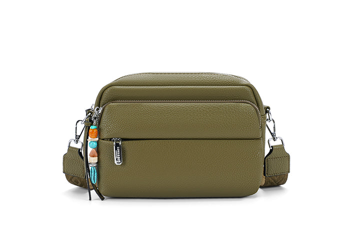 Long & Son Ladies Faux Leather Multi Pocket Handbag With Bead Trim Adjustable Fabric Strap Olive Green