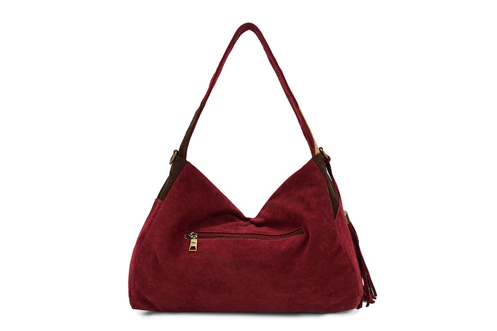 Long & Son Ladies Patchwork Faux Suede Boho Style Slouch Shoulder Handbag With Detachable Strap Burgundy Wine/Brown/Beige