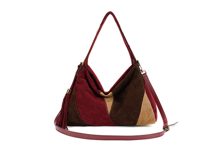Long & Son Ladies Patchwork Faux Suede Boho Style Slouch Shoulder Handbag With Detachable Strap Burgundy Wine/Brown/Beige