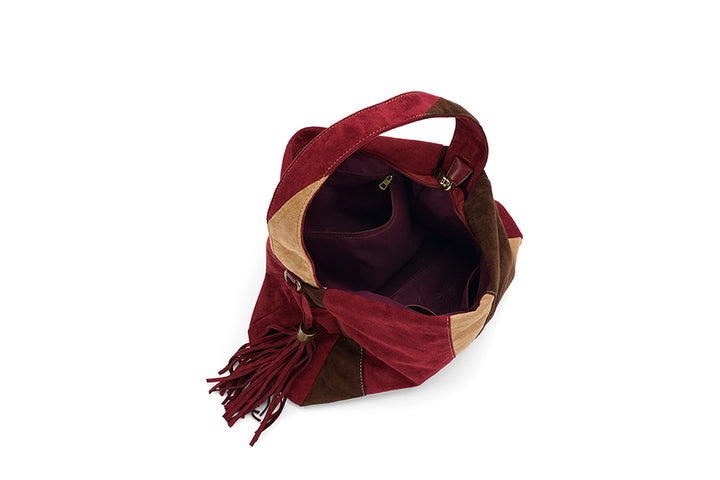 Long & Son Ladies Patchwork Faux Suede Boho Style Slouch Shoulder Handbag With Detachable Strap Burgundy Wine/Brown/Beige